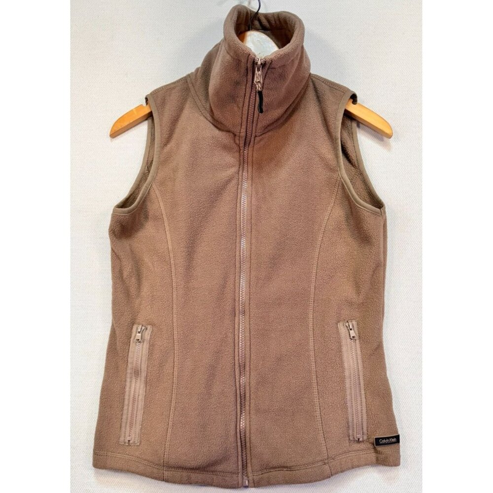 Calvin Klein Performance Womens Fleece Vest Small Tan Zip-Up Pockets